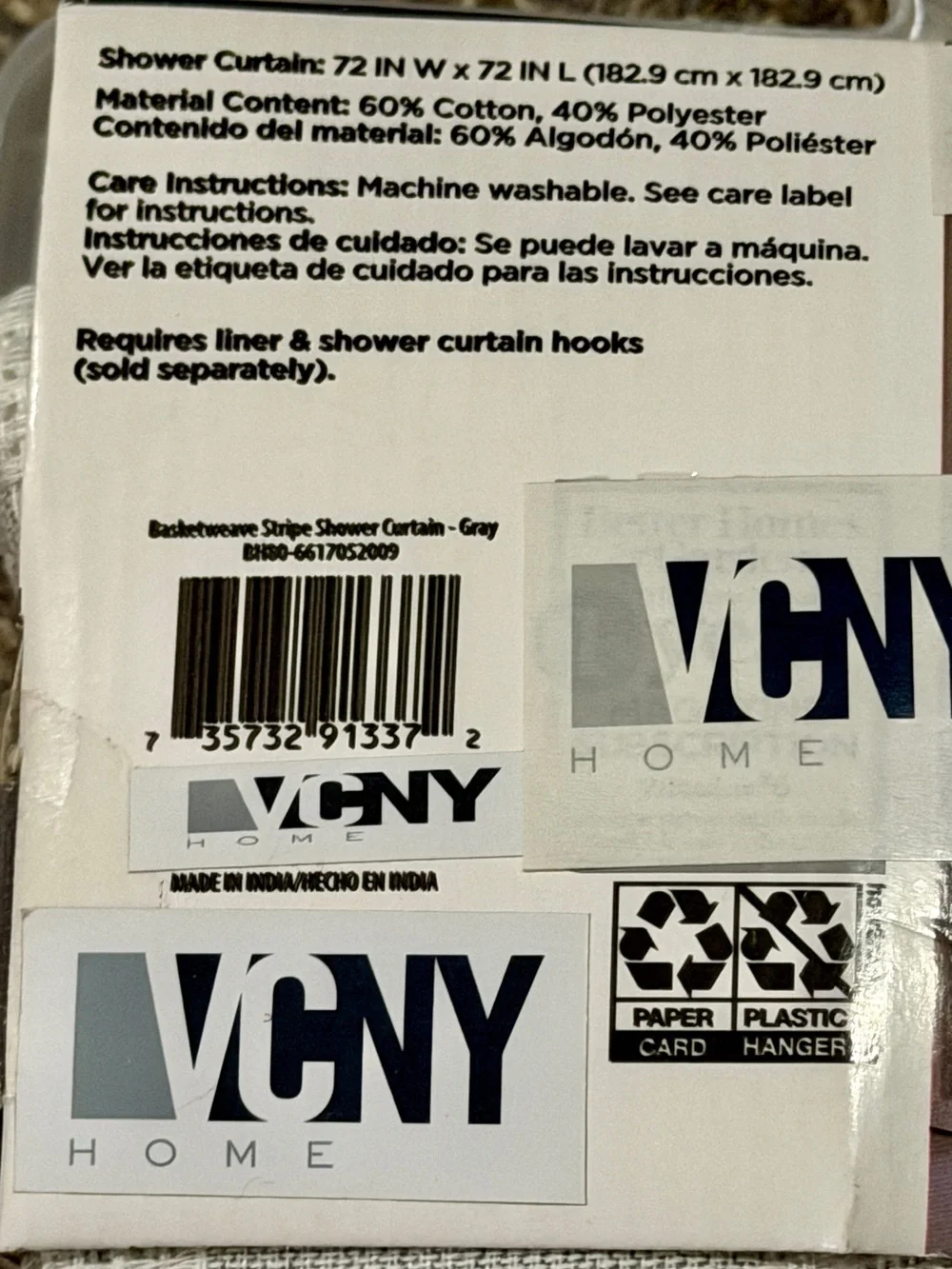 VCNY Hone Gray Basketweave Stripe Premium Shower Curtain 72x72